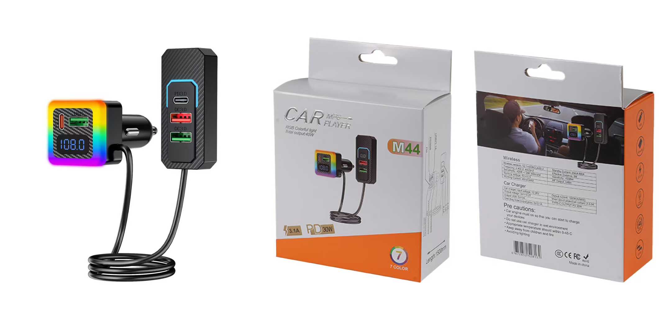 يتم شحن جهاز شحن جديد من طراز M44-12-24W بسرعة، ويستقبل البلوتوث ويشحن USB Specification image