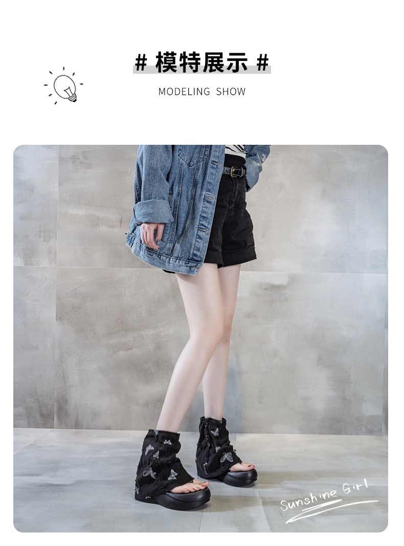 2026春夏新款厚底马丁靴露趾夹趾牛仔布短靴镂空时尚靴子女详情图9