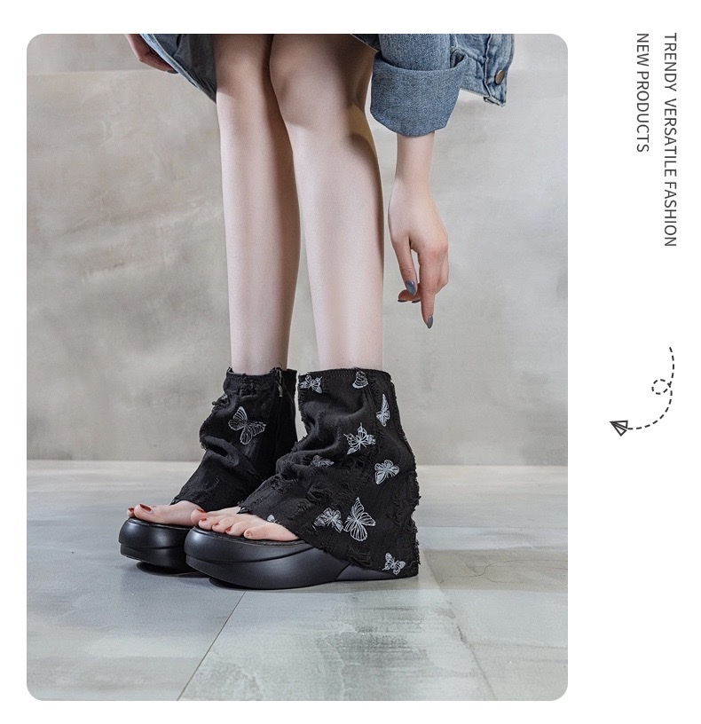 2026春夏新款厚底马丁靴露趾夹趾牛仔布短靴镂空时尚靴子女详情图11