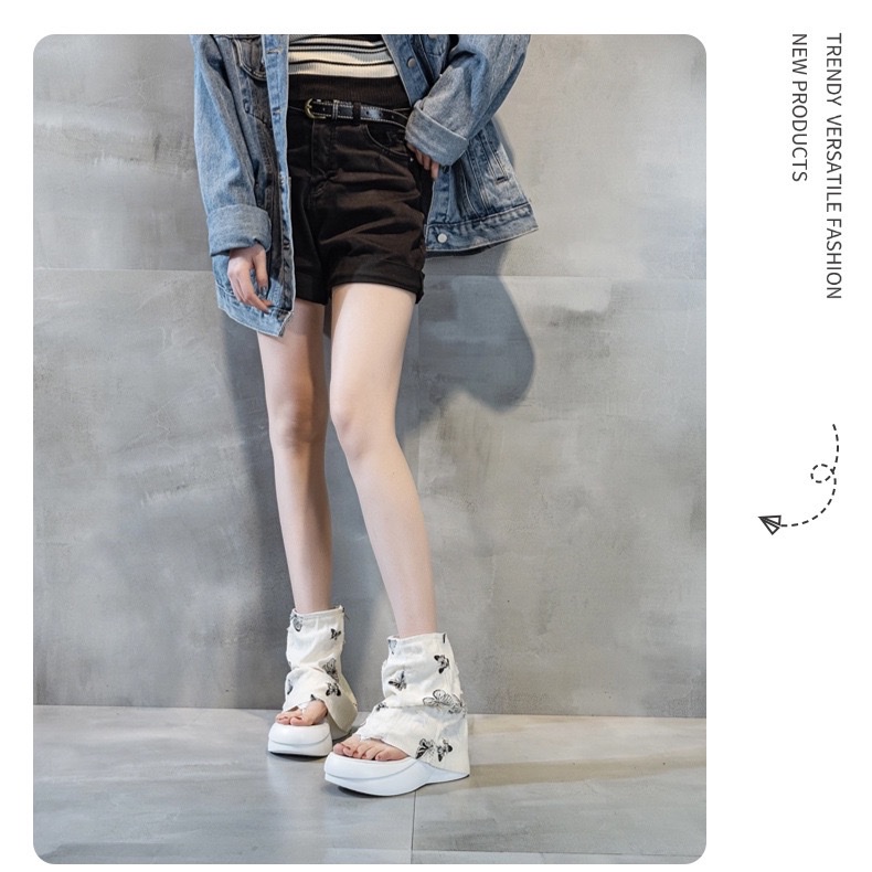 2026春夏新款厚底马丁靴露趾夹趾牛仔布短靴镂空时尚靴子女详情图14