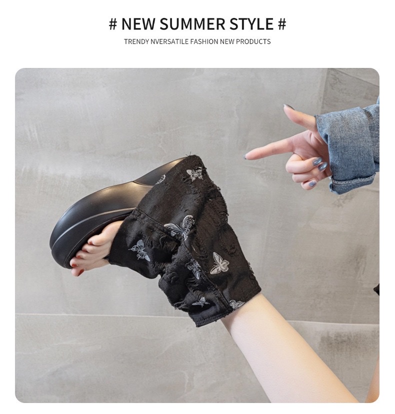 2026春夏新款厚底马丁靴露趾夹趾牛仔布短靴镂空时尚靴子女详情图13