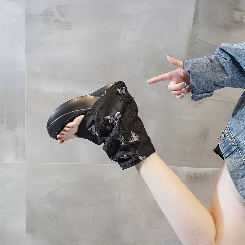 2026春夏新款厚底马丁靴露趾夹趾牛仔布短靴镂空时尚靴子女