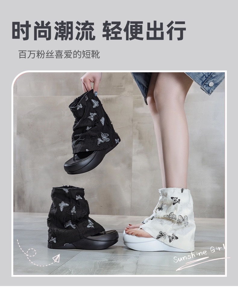 2026春夏新款厚底马丁靴露趾夹趾牛仔布短靴镂空时尚靴子女详情图1