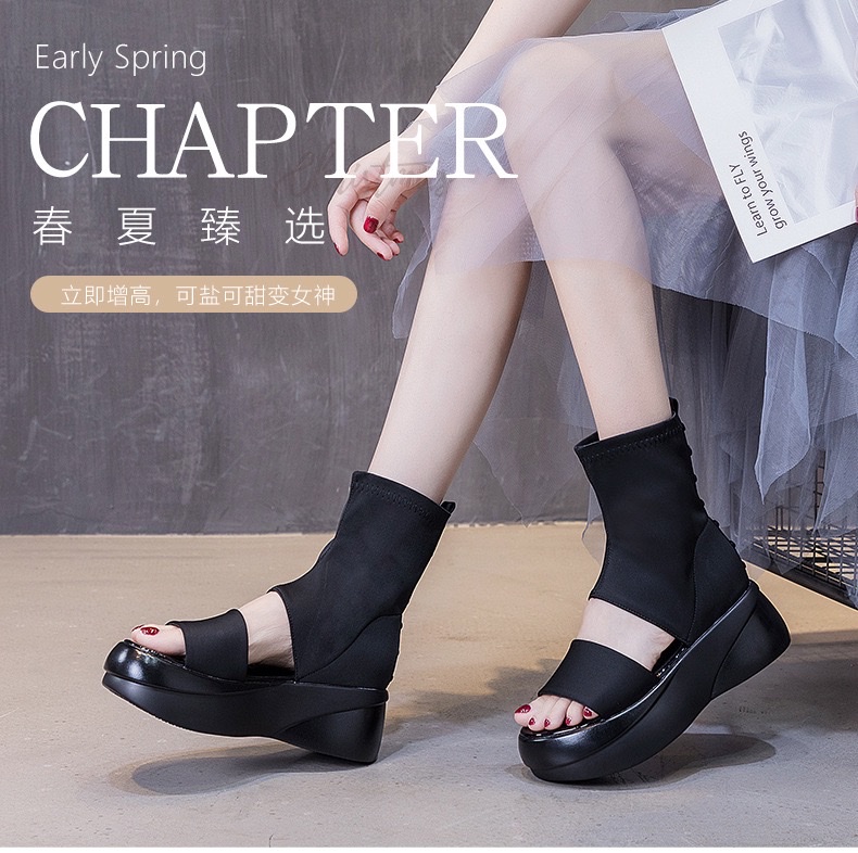 2026夏新款鱼嘴凉鞋女弹力靴套筒厚底矮靴一脚蹬时尚凉靴百搭详情图1