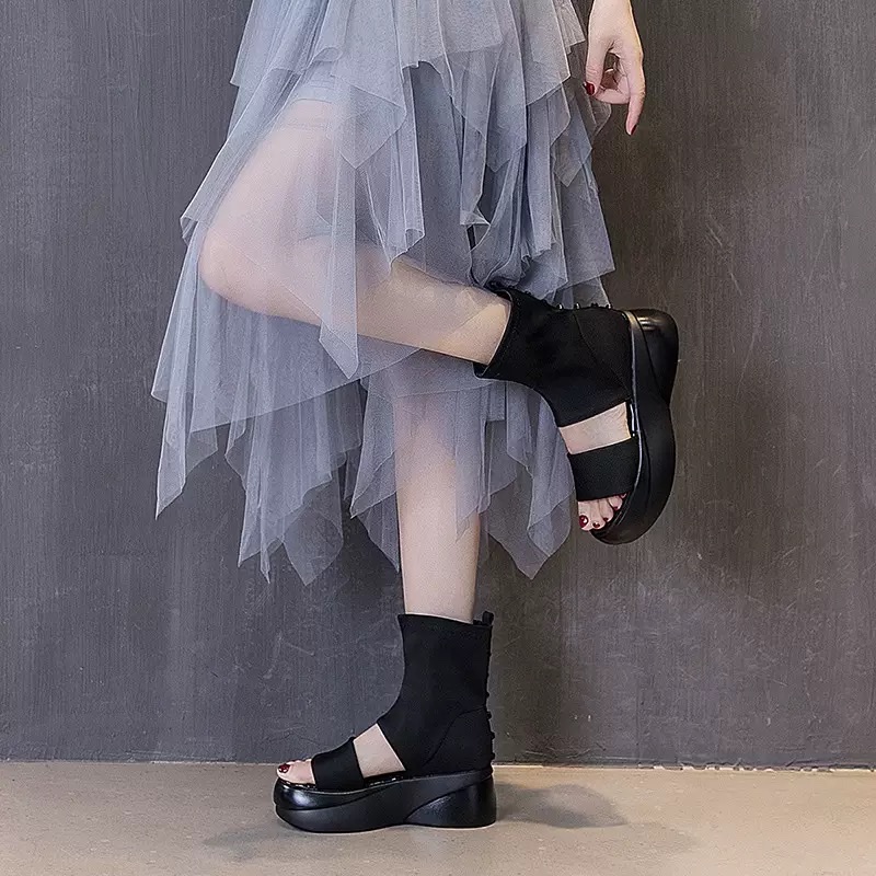 2026夏新款鱼嘴凉鞋女弹力靴套筒厚底矮靴一脚蹬时尚凉靴百搭