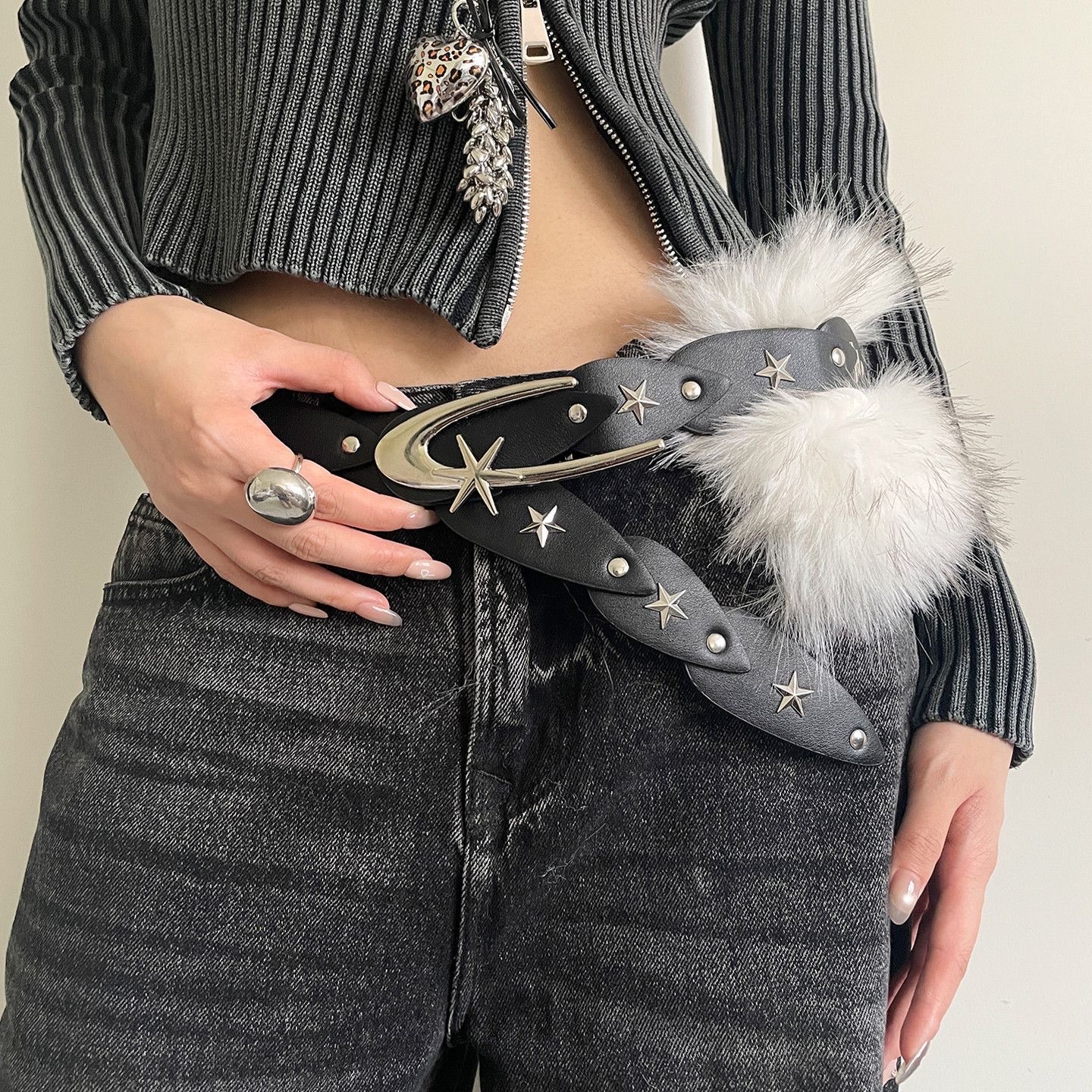 American Western-style rivet fur patchwork belt, women's dress, jeans belt, decorated retro wide belt, trendy Specification drawing