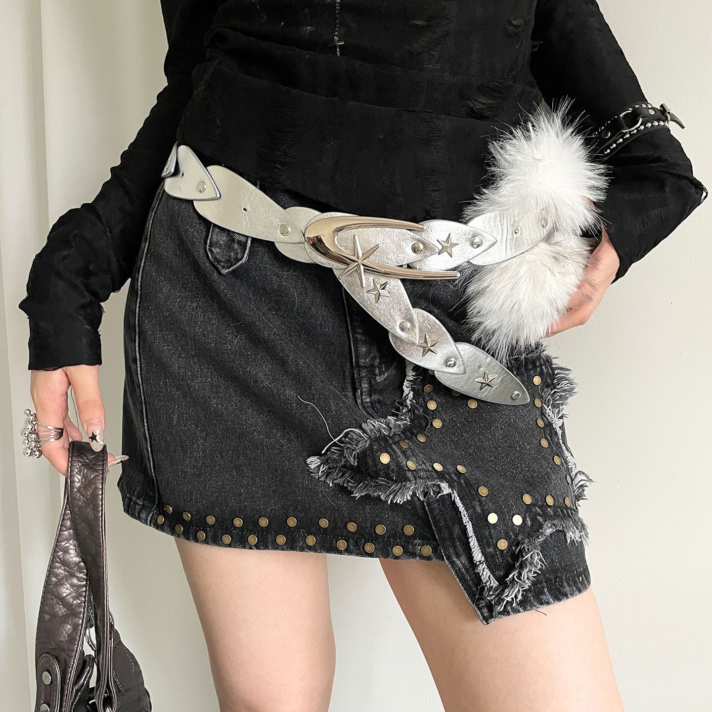 American Western-style rivet fur patchwork belt, women's dress, jeans belt, decorated retro wide belt, trendy details Picture