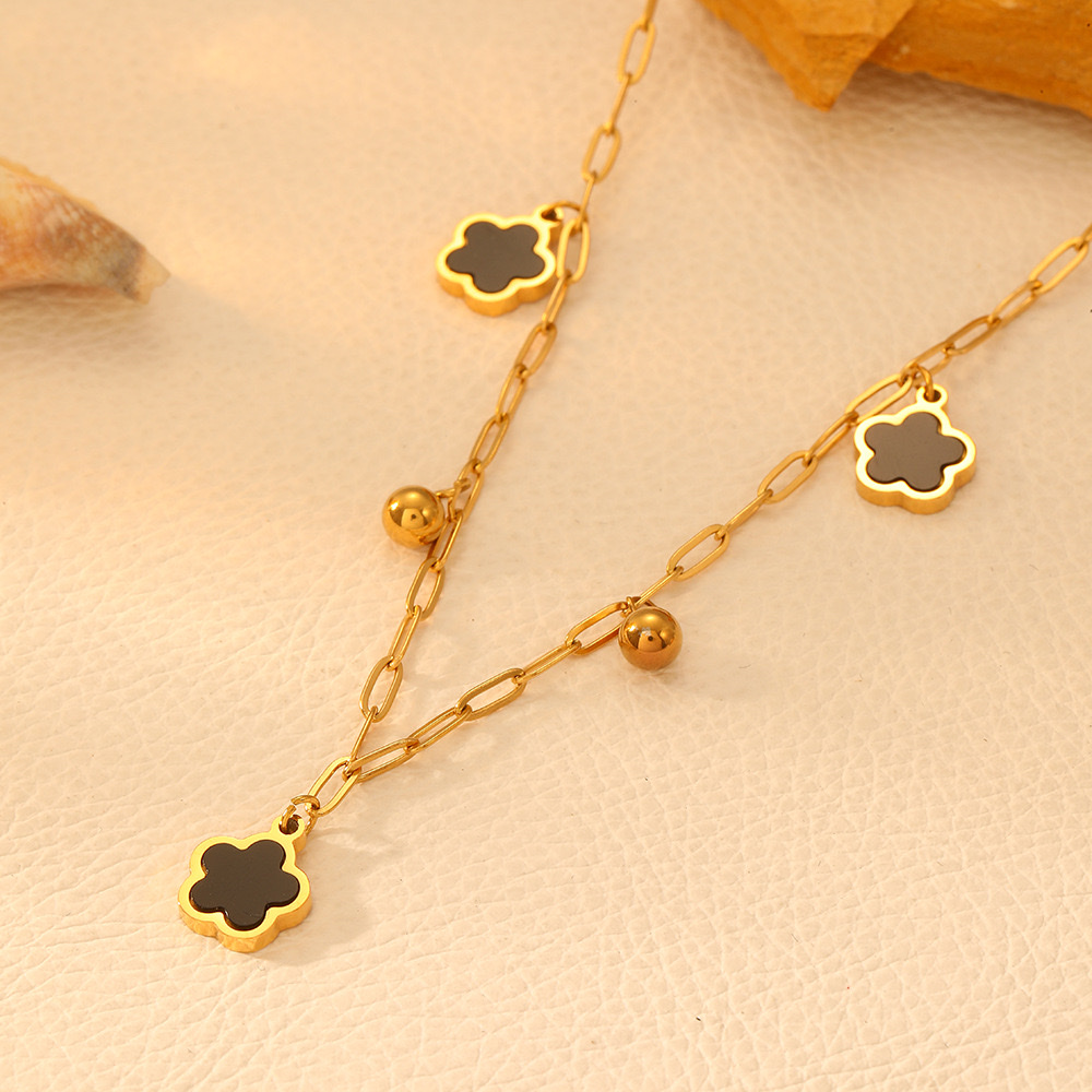 Cross-border stainless steel five-leaf flower heart-shaped butterfly necklace, European and American color preservation butterfly shell steel ball light luxury necklace for women detail image 10