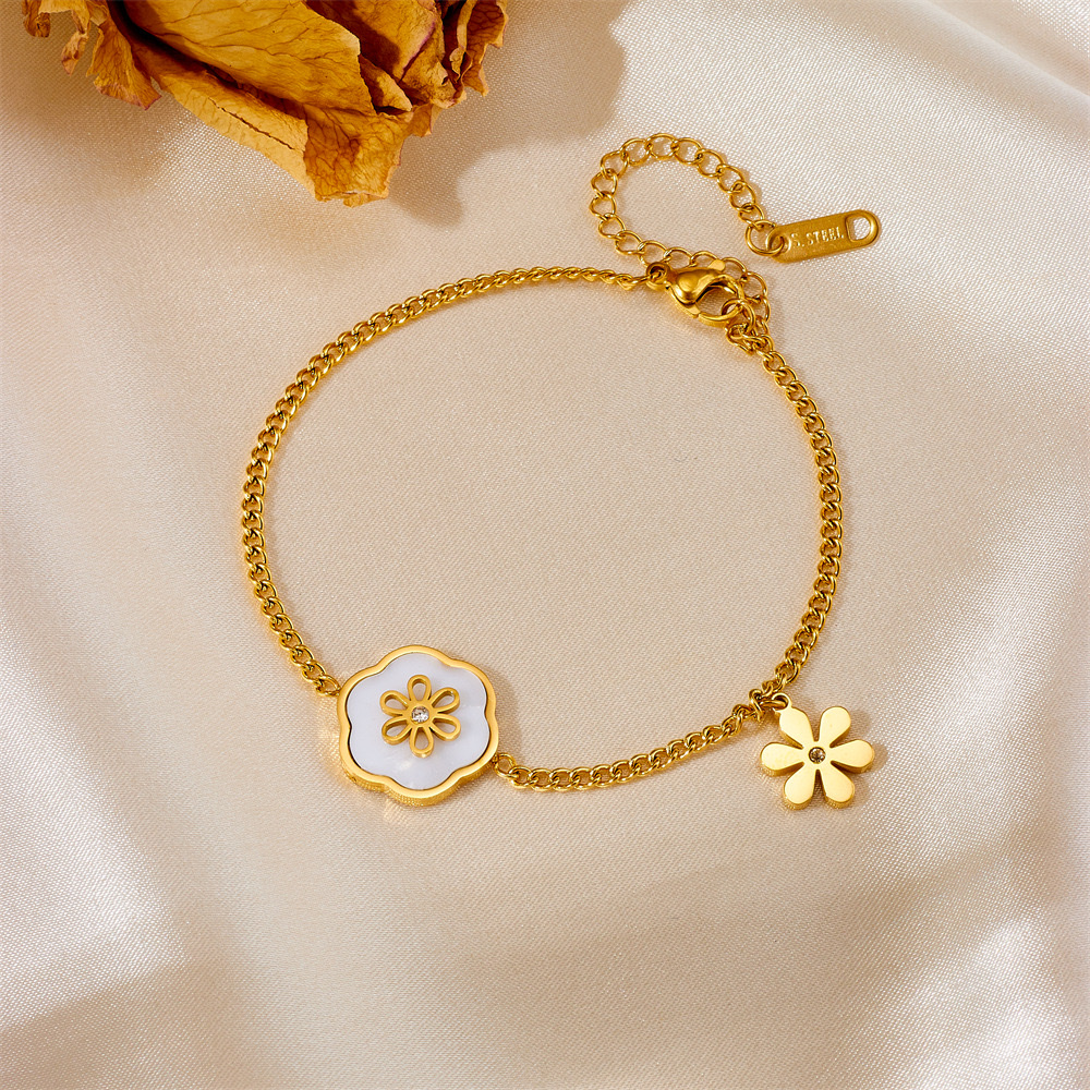 Korean-style shell flower diamond necklace, small chrysanthemum bracelet, titanium steel jewelry, earrings set, 18k gold color retention detail image 3