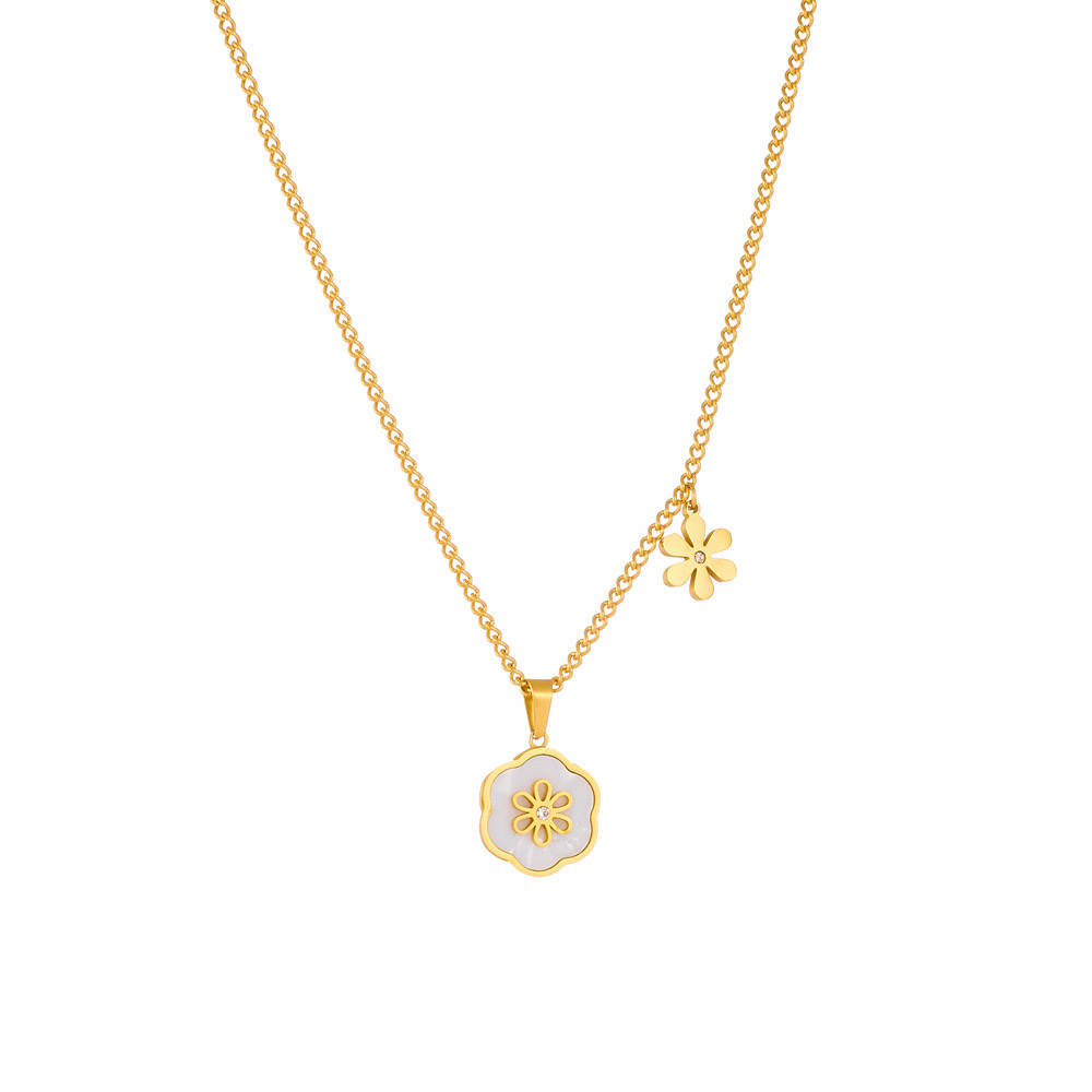 Korean-style shell flower diamond necklace, small chrysanthemum bracelet, titanium steel jewelry, earrings set, 18k gold color retention Item Picture