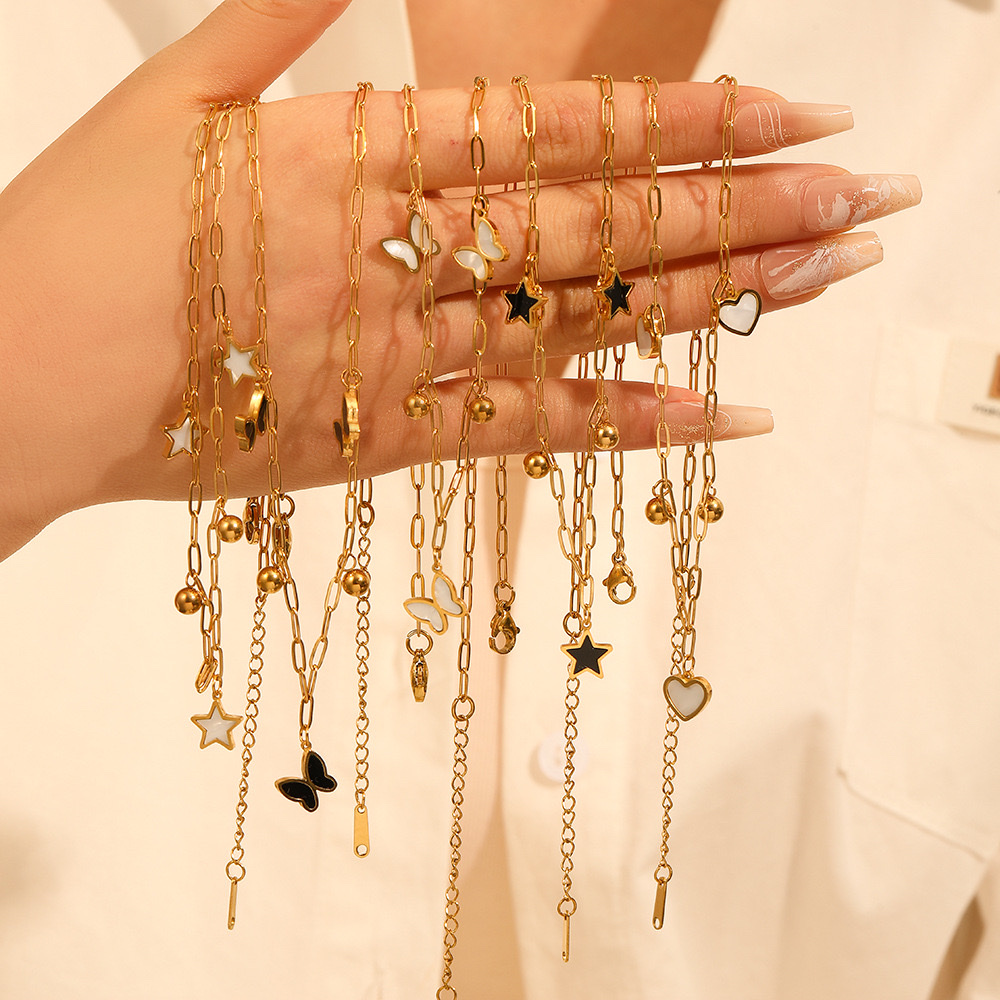 跨境不锈钢五叶花爱心蝴蝶项链 欧美保色蝴蝶贝壳钢珠轻奢项链女