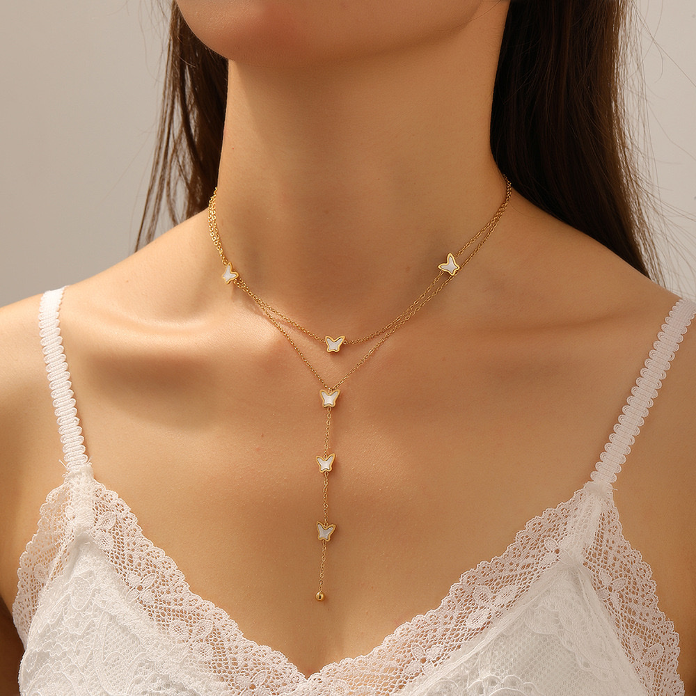 New versatile and high-end double-tassel jewelry, light luxury and simple butterfly heart four-leaf flower multi-style necklace details Picture