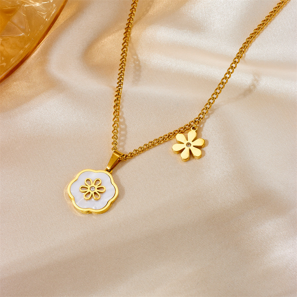 Korean-style shell flower diamond necklace, small chrysanthemum bracelet, titanium steel jewelry, earrings set, 18k gold color retention details Picture