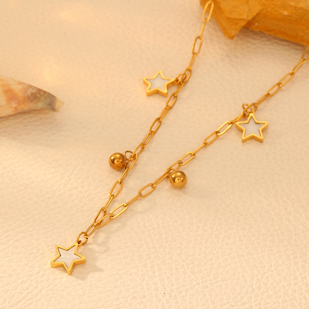 Cross-border stainless steel five-leaf flower heart-shaped butterfly necklace, European and American color preservation butterfly shell steel ball light luxury necklace for women detail image 11