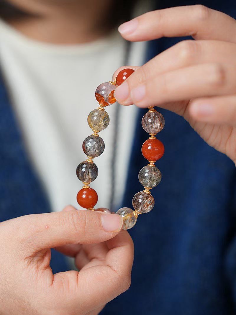 【设计款】13MM黑晶超七南红玛瑙招米手链 细节图