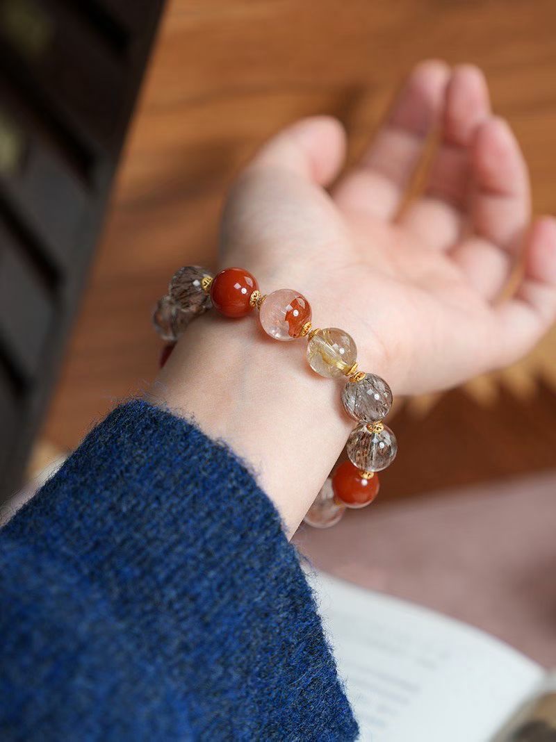 【设计款】13MM黑晶超七南红玛瑙招米手链 