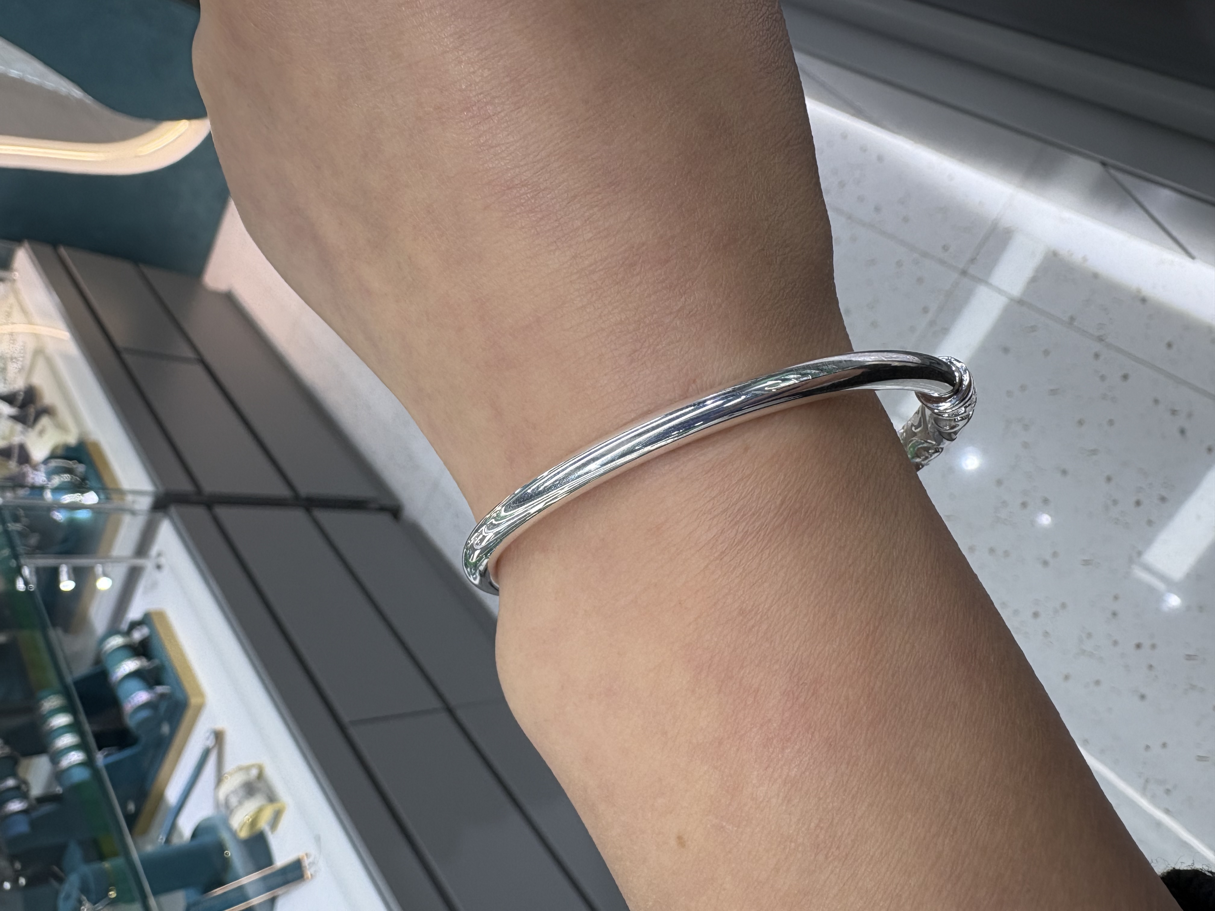 足银手镯光面圆棍金箍棒开口手镯女士长辈礼物