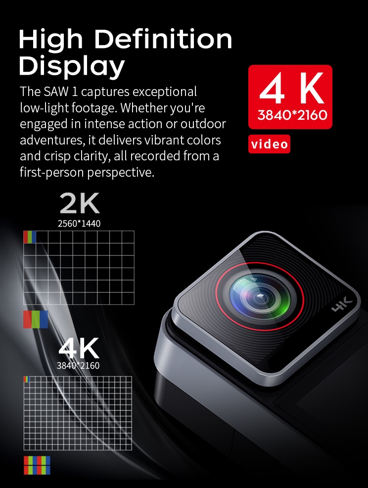 The Saw10 Thumb Action Camera Features A Waterproof Super Night Vision Touch Screen With 4K30fps Ultra-High-Definition Video Recording Effect, Anti-Shake Dual-Color Touch Screen Function, And Supports Live Streaming And Customizable Logo Specification drawing