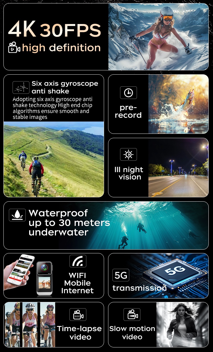 The Saw10 Thumb Action Camera Features A Waterproof Super Night Vision Touch Screen With 4K30fps Ultra-High-Definition Video Recording Effect, Anti-Shake Dual-Color Touch Screen Function, And Supports Live Streaming And Customizable Logo Application Scenario