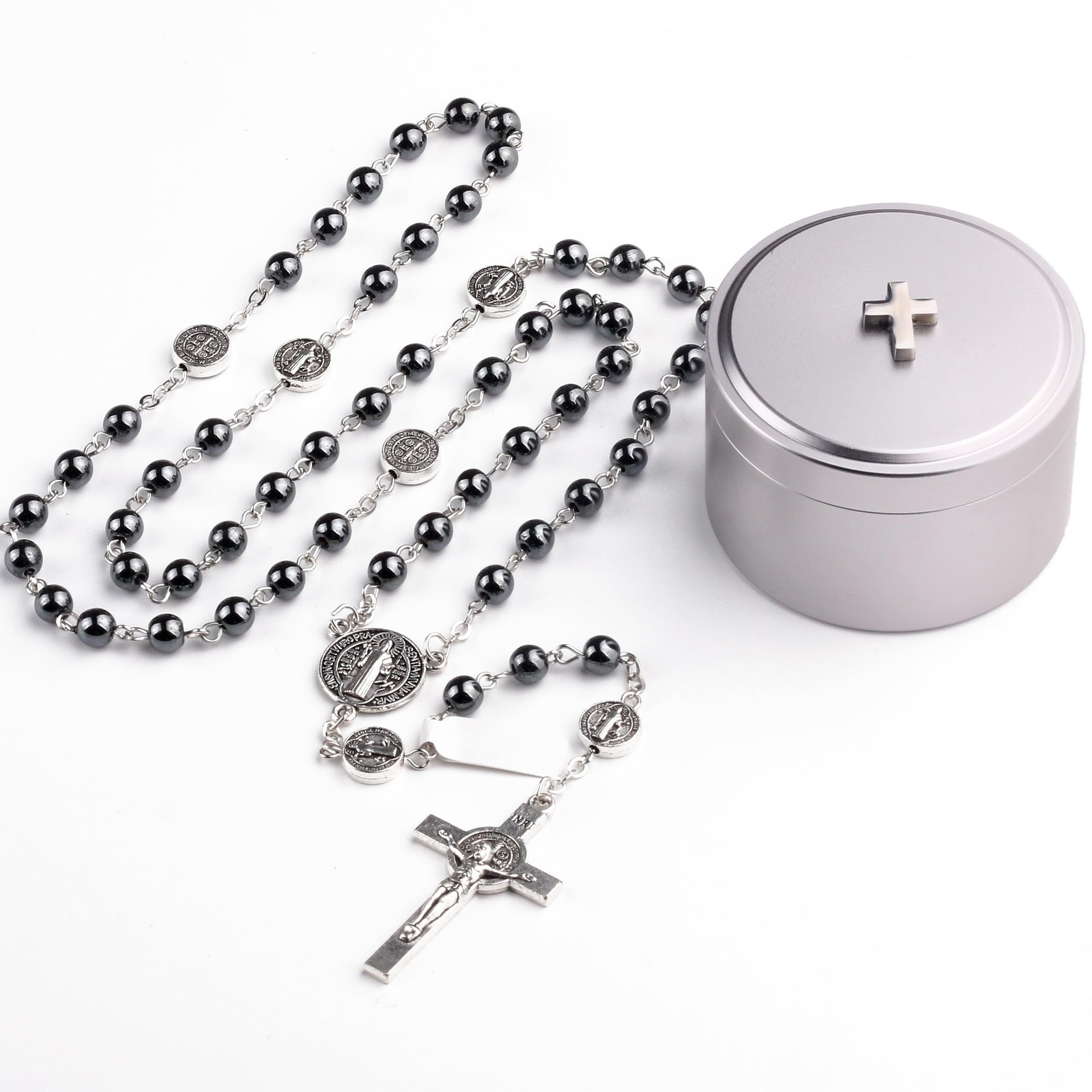 跨境热销复古黑胆石十字架念珠项链圣餐洗礼祷告个性念珠项链 