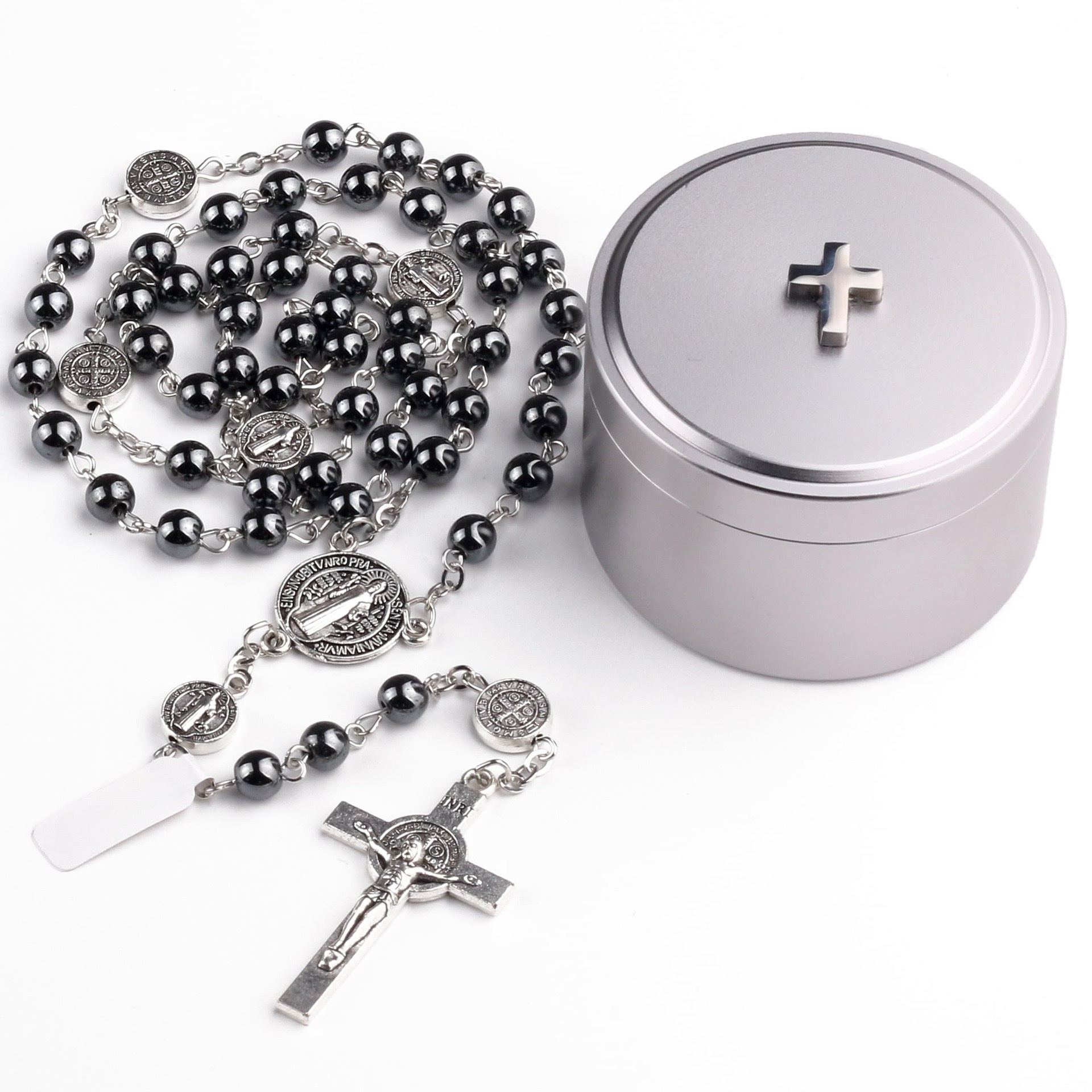 Cross-border best-selling retro black gallstone cross prayer bead necklace, Communion baptism prayer personalized prayer bead necklace details Picture