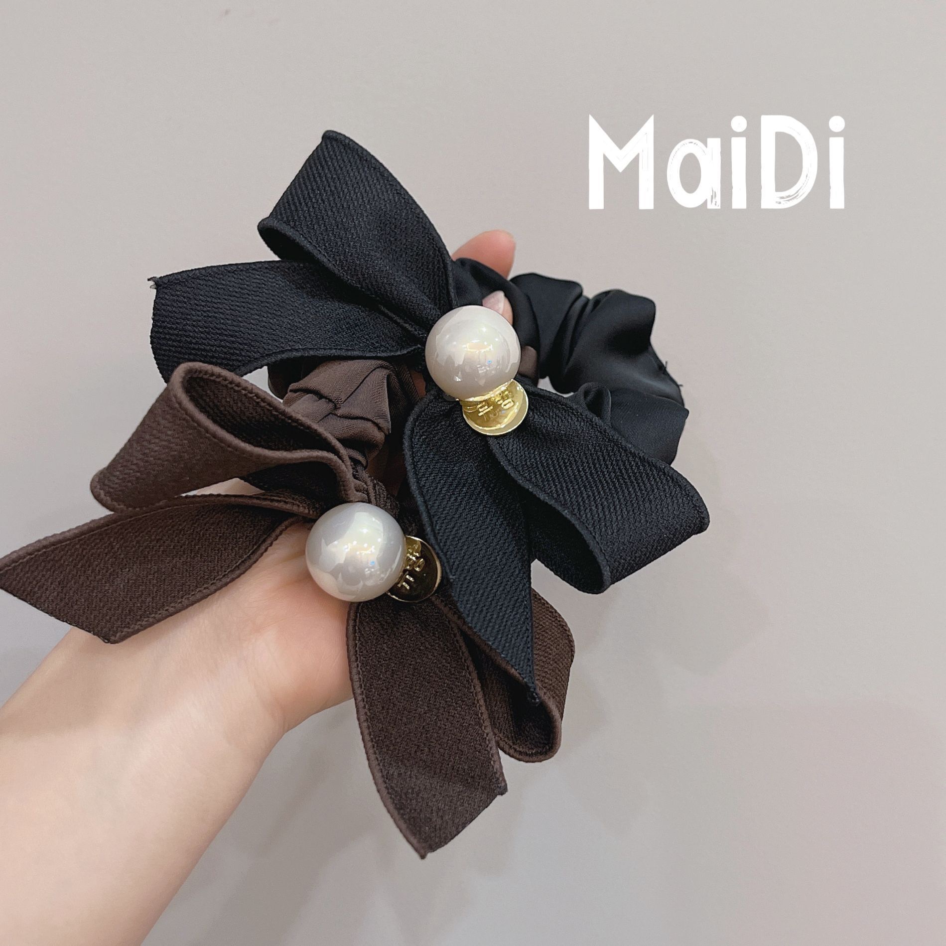 新款直播发饰珍珠马尾大肠发圈布艺蝴蝶结韩式精致马尾发圈皮筋 详情图2