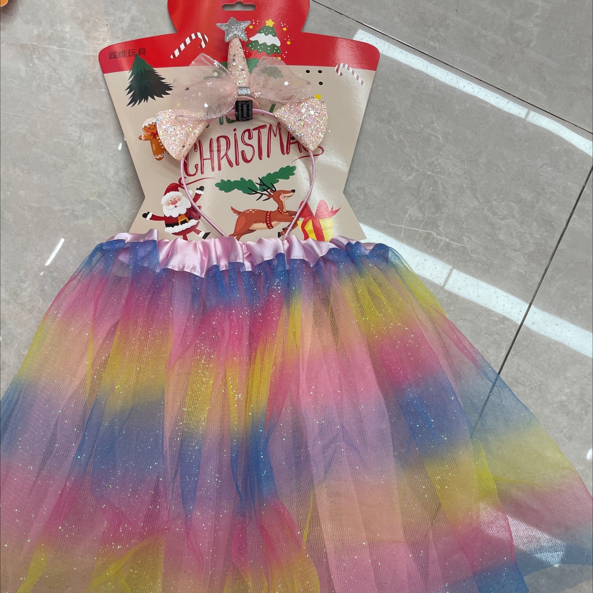 女童半身裙洋气公主独角兽蝴蝶结头饰套装儿童彩虹色纱裙批发