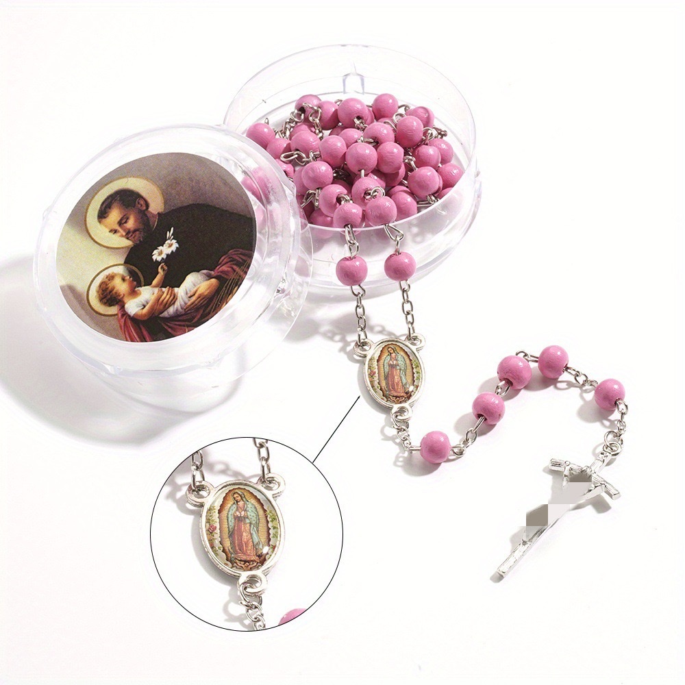59 pink wooden beads cross necklace, religious prayer, baptism, Communion gift details Picture