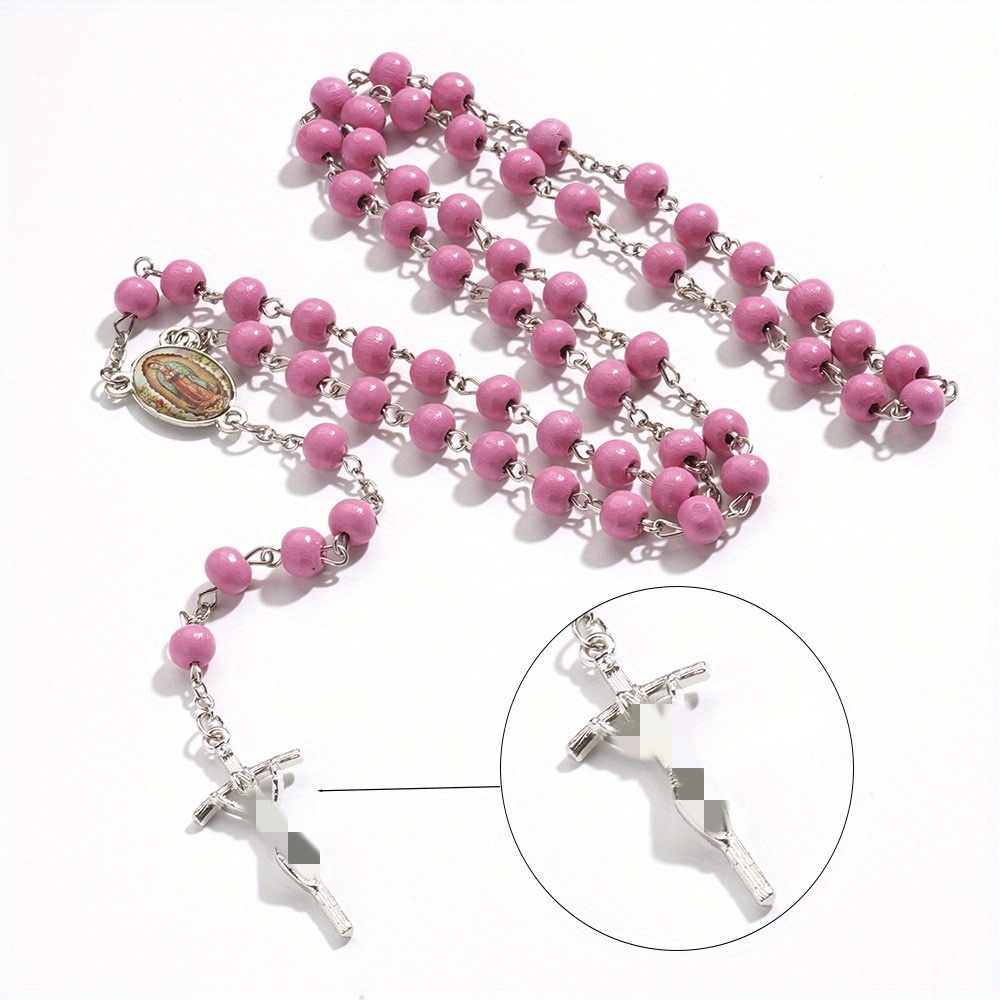 59 pink wooden beads cross necklace, religious prayer, baptism, Communion gift Specification image