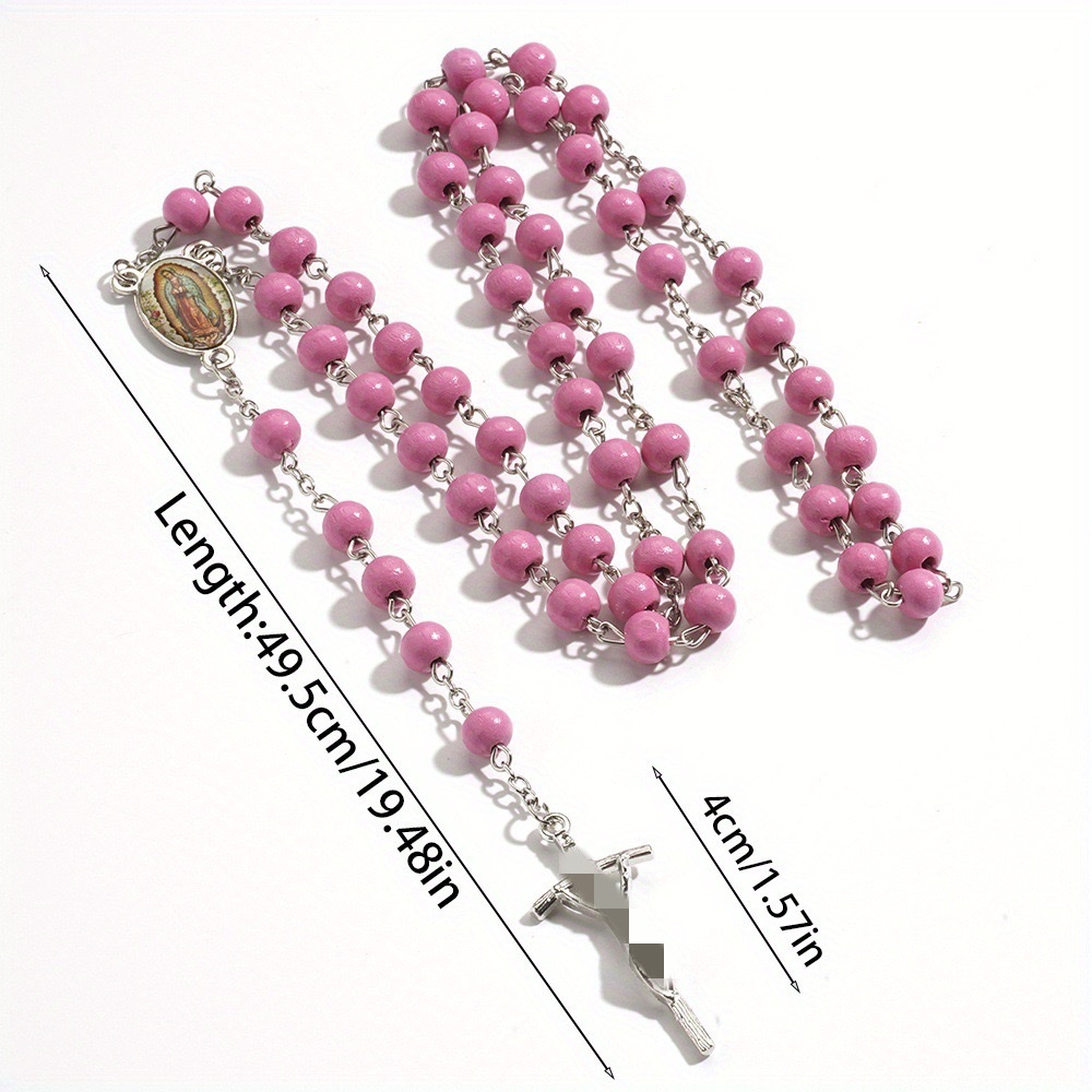 59 pink wooden beads cross necklace, religious prayer, baptism, Communion gift Item Picture