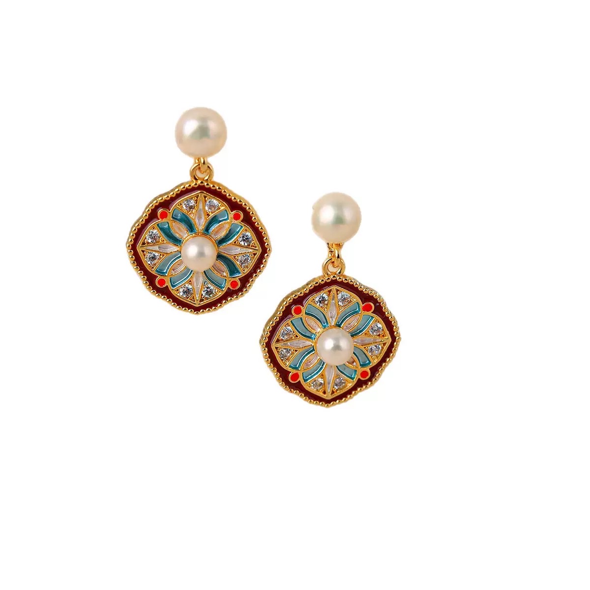 唯诗丽雅天然珍珠耳环女复古宫廷国风珐琅彩几何花朵耳坠耳饰S925银针耳钉详情图5