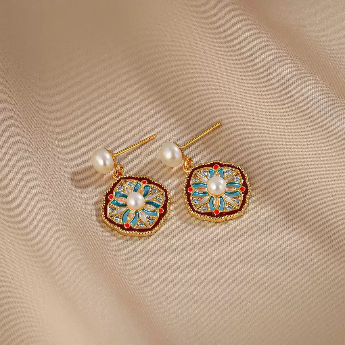 唯诗丽雅天然珍珠耳环女复古宫廷国风珐琅彩几何花朵耳坠耳饰S925银针耳钉细节图