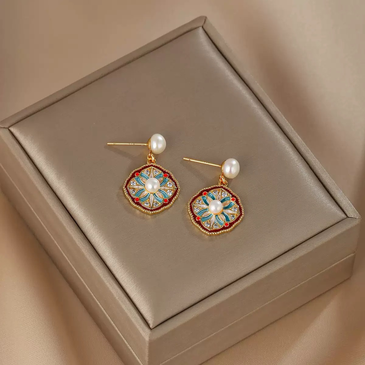 唯诗丽雅天然珍珠耳环女复古宫廷国风珐琅彩几何花朵耳坠耳饰S925银针耳钉详情图4