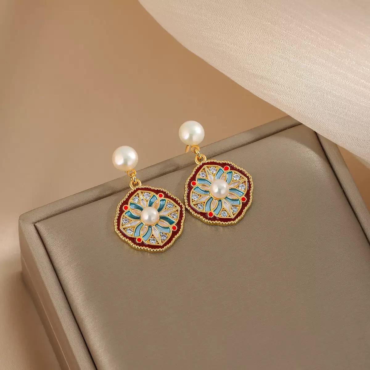 唯诗丽雅天然珍珠耳环女复古宫廷国风珐琅彩几何花朵耳坠耳饰S925银针耳钉