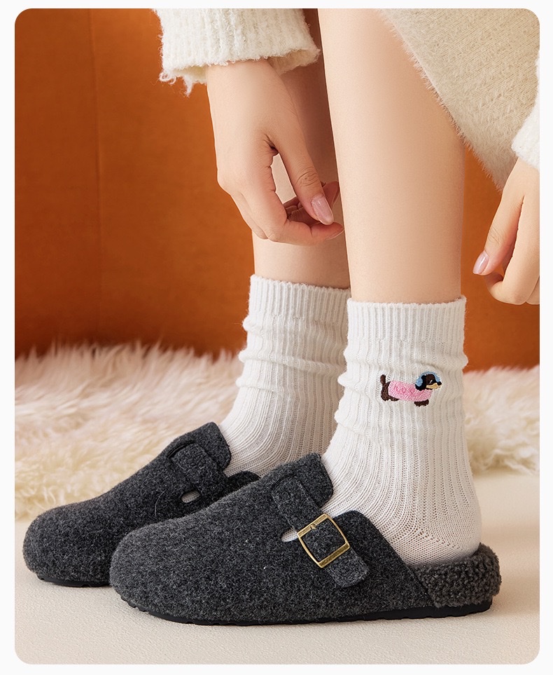 Winter wool cartoon puppy embroidered grey socks for women, mid-calf socks, ins trendy Japanese style, cute pile long socks detail image 6