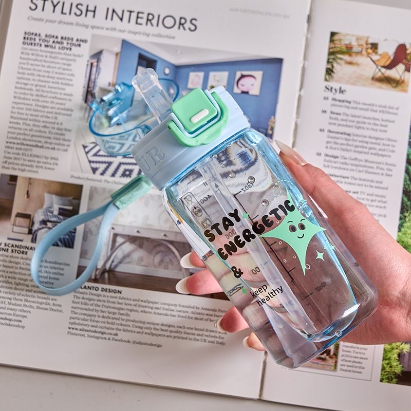 2026 Summer New portable straw water cup, high appearance level plastic water bottle, simple cartoon travel cup for students, other 500ML details Picture
