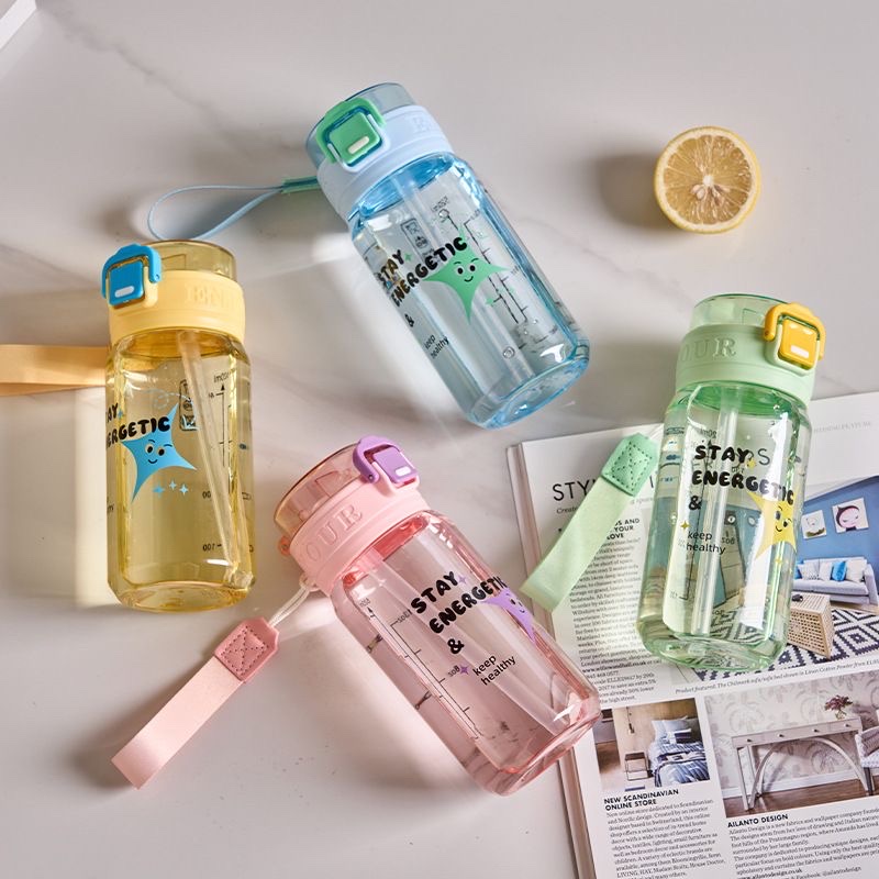 2026 Summer New portable straw water cup, high appearance level plastic water bottle, simple cartoon travel cup for students, other 500ML pic 3