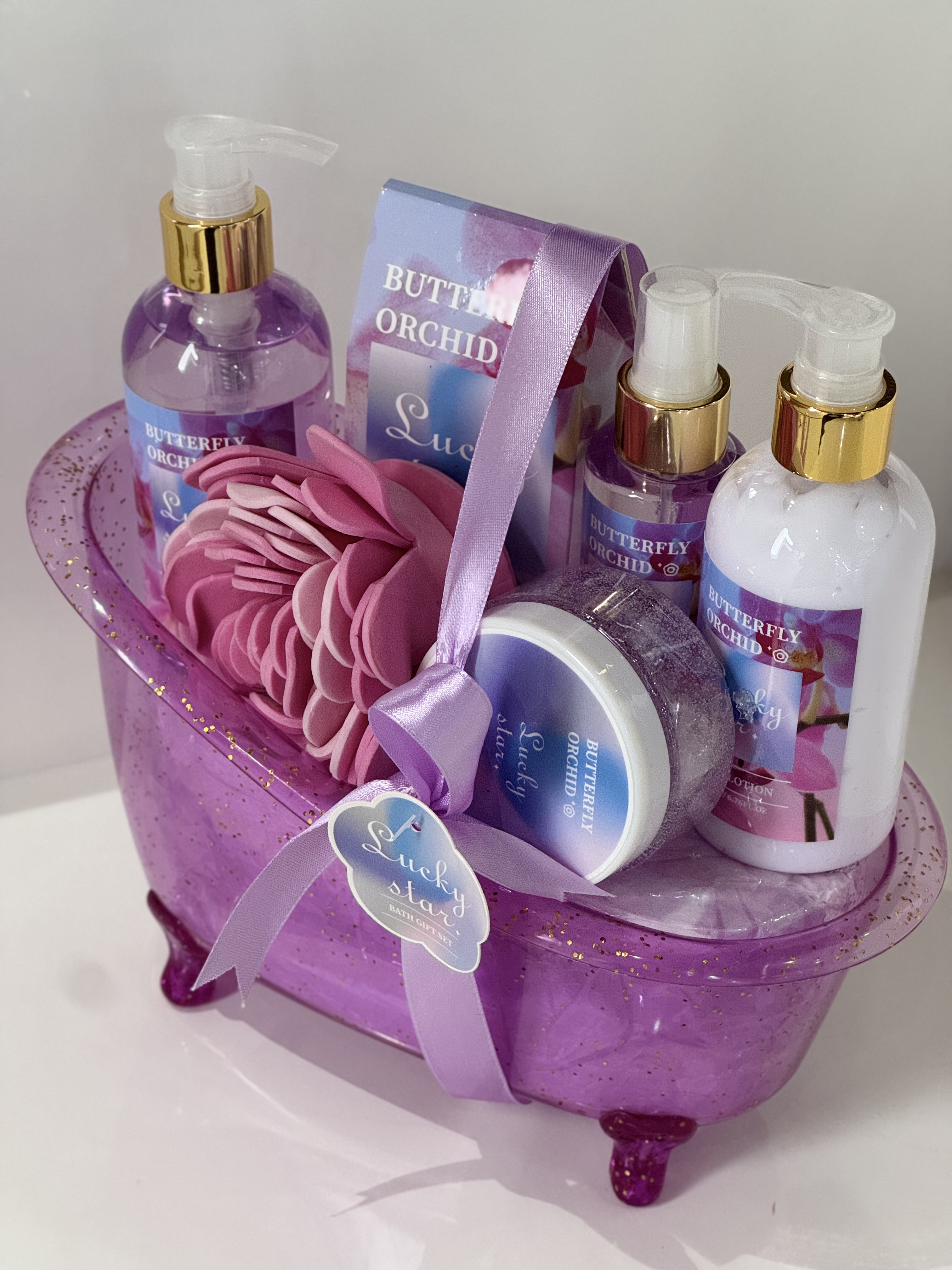 Best-selling cross-border foreign trade body care gift set: body wash, body lotion, bath salt, bath ball, scrub, essence, body care set, high-end purple bathtub, great gift for Mother's Day and Women's Day Specification image
