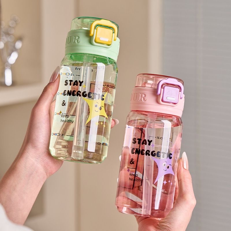 2026 Summer New portable straw water cup, high appearance level plastic water bottle, simple cartoon travel cup for students, other 500ML Application Scenario