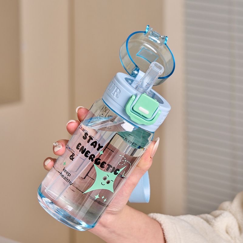 2026 Summer New portable straw water cup, high appearance level plastic water bottle, simple cartoon travel cup for students, other 500ML pic 9