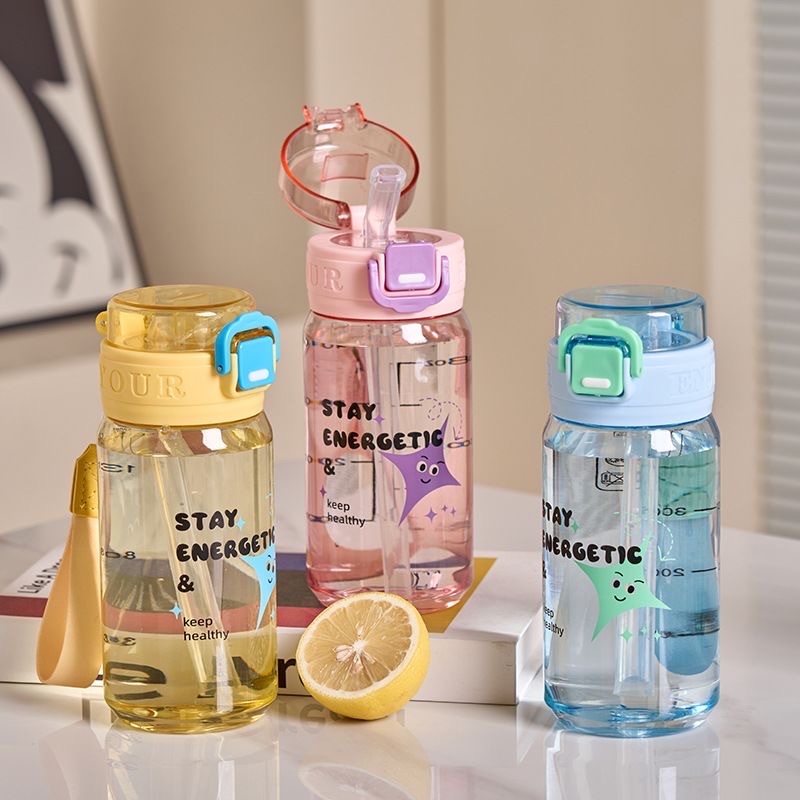 2026 Summer New portable straw water cup, high appearance level plastic water bottle, simple cartoon travel cup for students, other 500ML