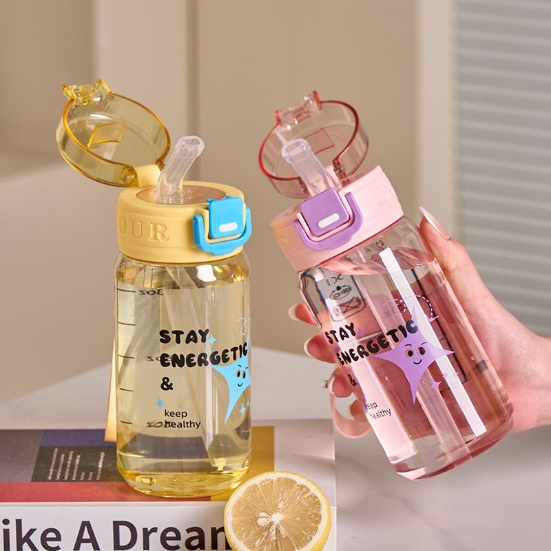 2026 Summer New portable straw water cup, high appearance level plastic water bottle, simple cartoon travel cup for students, other 500ML pic 6