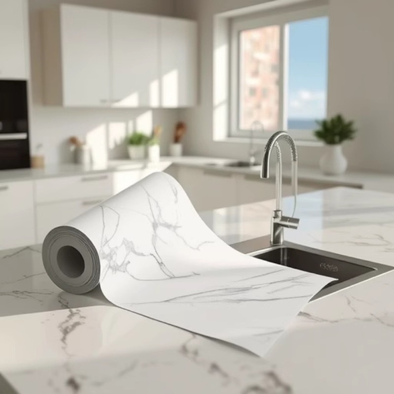 Kitchen stickers, waterproof, oil-proof, heat-resistant wall stickers, furniture and dining table renovation wallpaper, self-adhesive imitation marble wall panels, PCV self-adhesive kitchen fume stickers