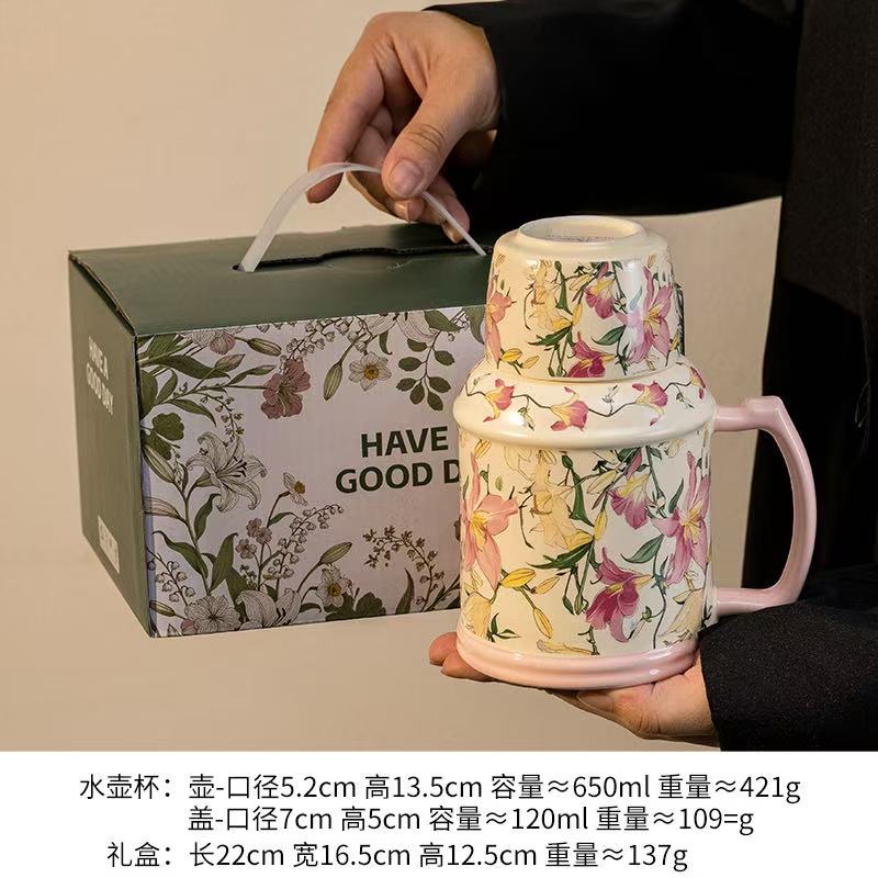 中式复古壶田园风花朵印花瓷茶壶带托盘釉下彩工艺礼盒装茶室用品 复古向阳花一壶一杯套装下午茶陶瓷马克杯办公室茶杯带盖伴手礼产品图