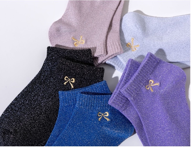 New gold and silver thread women's socks, Korean version bow embroidery short socks, cross-border wholesale detail image 4