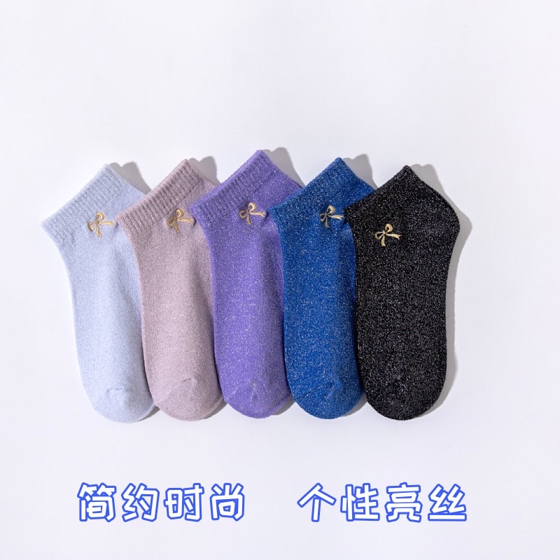 New gold and silver thread women's socks, Korean version bow embroidery short socks, cross-border wholesale