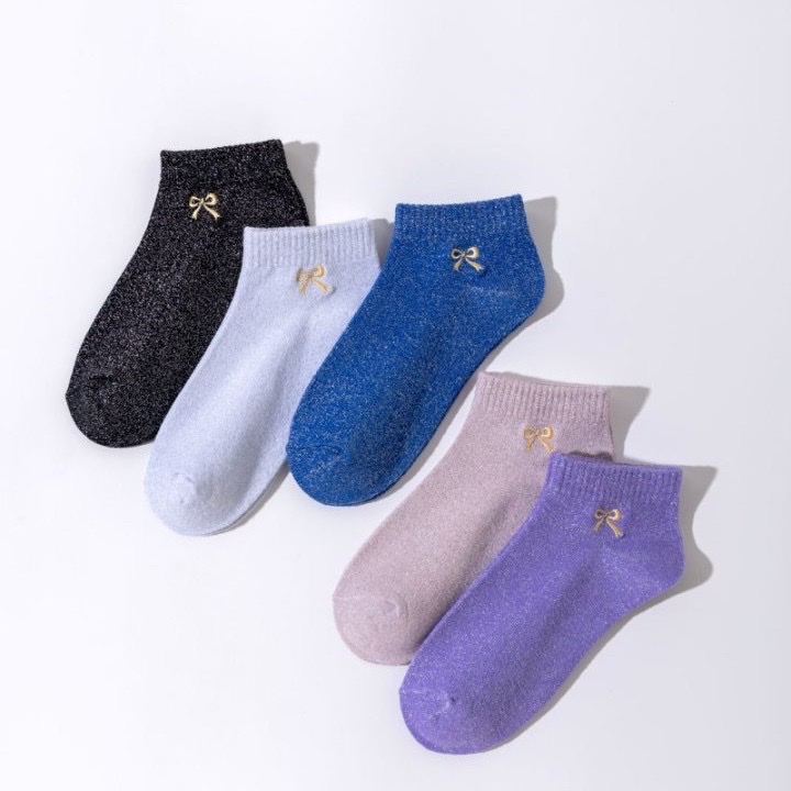 New gold and silver thread women's socks, Korean version bow embroidery short socks, cross-border wholesale Specification image