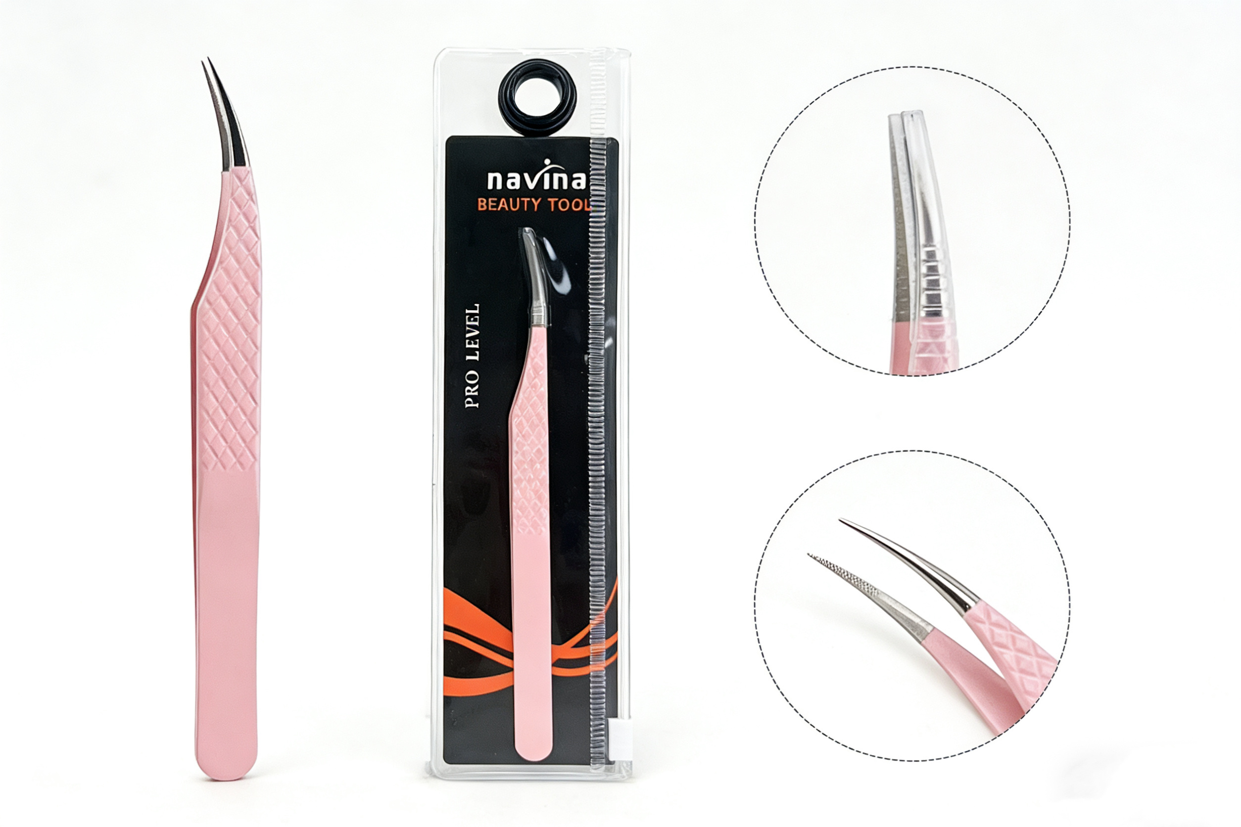 navina Yaweiya mesh fiber tweezers, stainless steel high-precision flower clips, eyelash extensions, anti-slip mesh pink tweezers, Cross-border fiberclip detail image 11