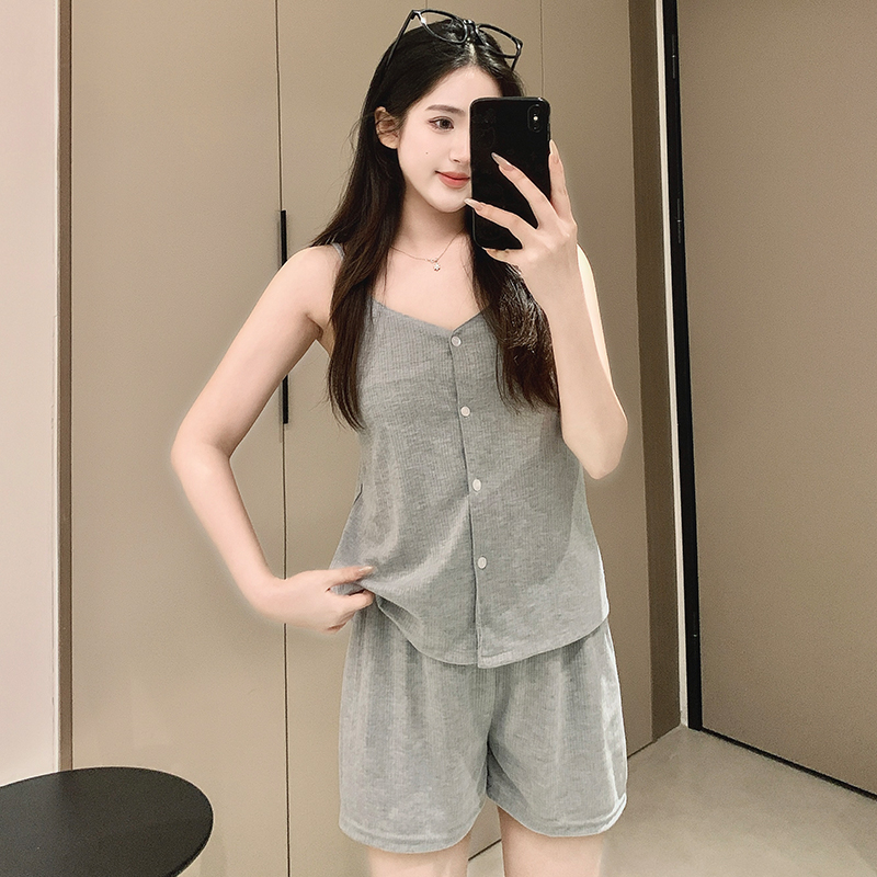 A grey halter top suit for female models, featuring sexy halter top shorts