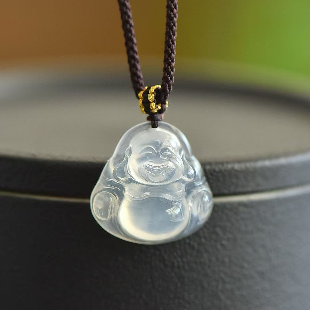 Chalcedony big-bellied Buddha pendant, Madagascar ice-type white moonlight agate Laughing Buddha necklace, Buddha God pendant, sweater necklace pendant